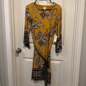 dressbarn Mustard Paisley Tie-Waist Long Sleeve Dress
